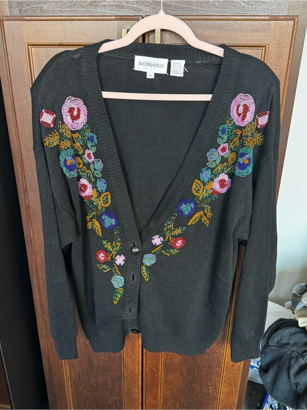 Vintage Baxter & Wells Beaded Floral Cardigan Sweater Large Black Ramie Cotton